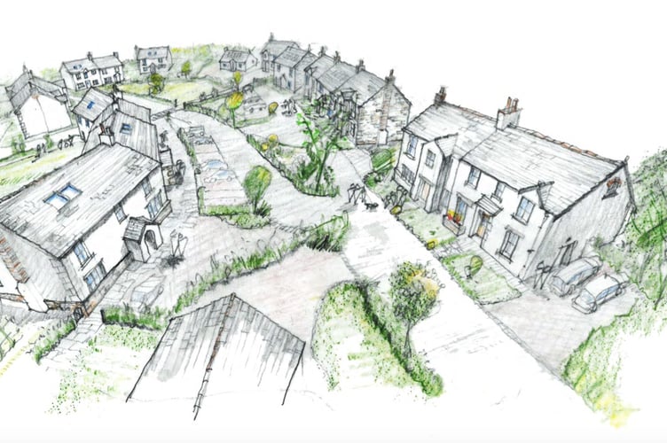 An indicative 3D sketch of the proposed development looking east along the main shared surface
