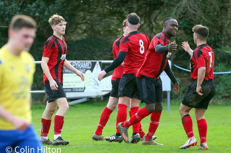 Dobwalls' Kelvin Fyneboy celebrating one of his two penalties against Sticker on Saturday, January 14. Picture:  Colin Hilton