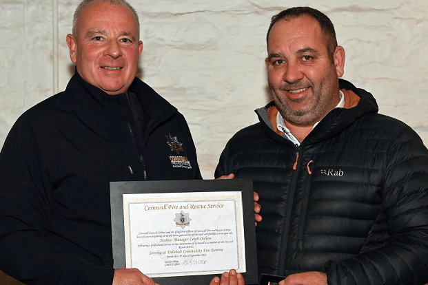 GM Lee Griffin and Sm Stuart Parkyn who kindly presented Leigh with a certificate of his long and distinguished service with Cornwall Fire and Rescue service,