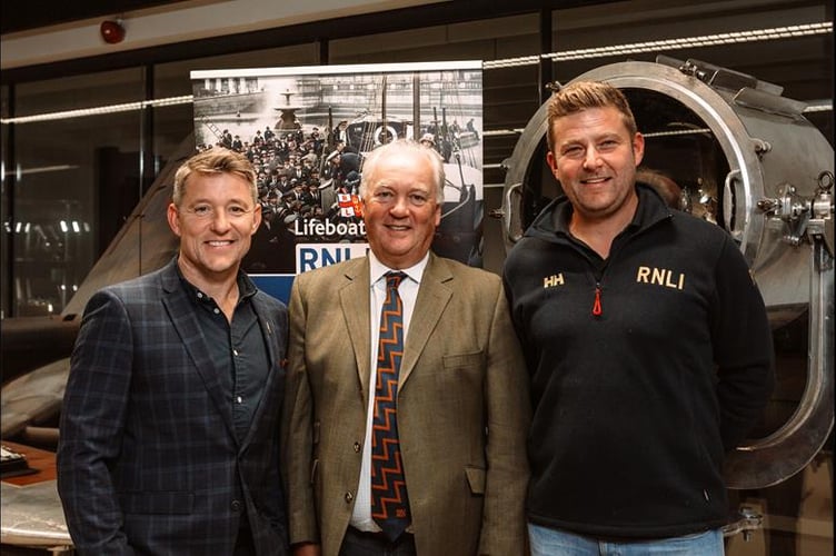Ben Shepherd, RNLI CEO Mark Dowie and Port Isaac RNLI Helm Damien Bolton