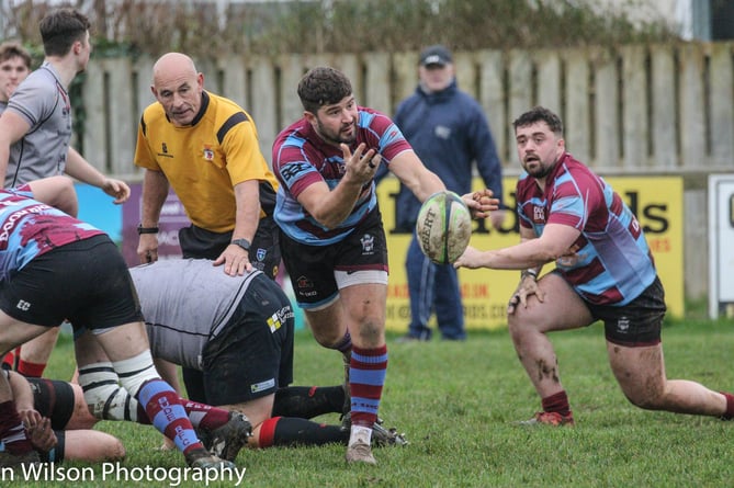 Bude scrum-half Charlie Watton sends a pass during Saturday's victory over Penryn at Bencoolen Meadow.