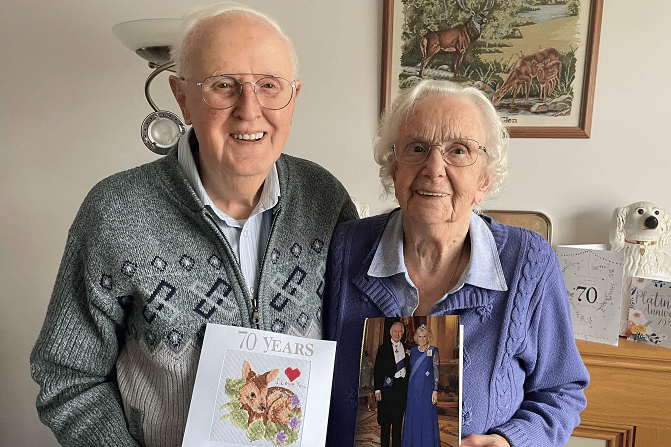 Reg and Hazel Kingsland with their card from the King on their special day and, inset, on their wedding day 70 years ago.