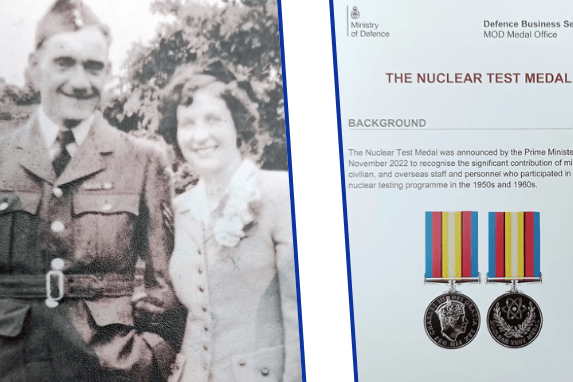 Reginald Crabb of Holsworthy in uniform pictured with his wife Eva; left, the medal