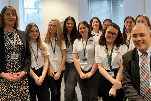 Rt Hon Robert Halfon MP is pictured with students from Truro and Penwith College and Bonnie Houghton (Head of T Levels at Truro and Penwith College)