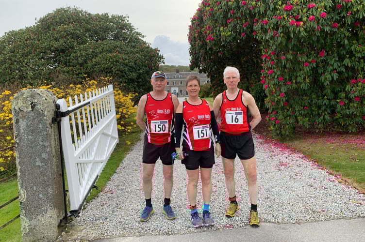 The three Bude runners at the Boconnoc 5 on Wednesday, May 1. From left: Jeremy Brown, Suzanne Brown and Stephen Hutchinson.