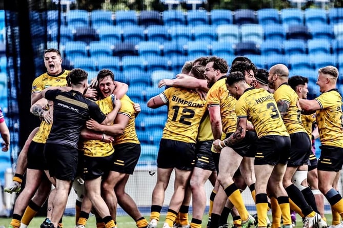 Cornwall celebrate their thrilling away win at Midlands Hurricanes on Sunday.
