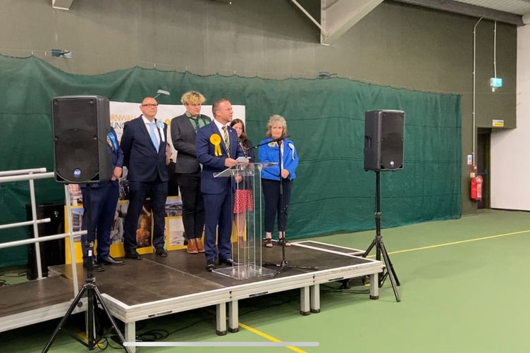 Ben Maguire giving his acceptance speech having been announced as winner of the North Cornwall constituency