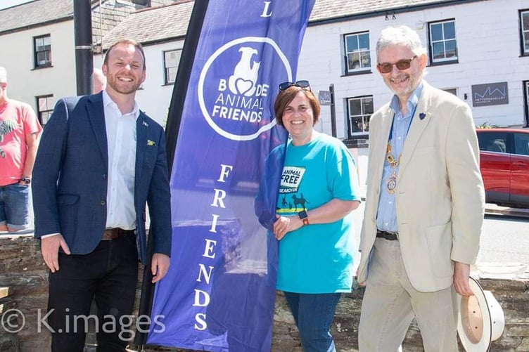 MP for North Cornwall Ben Maguire, chair of Bude Animal Friends and community ambassador for Animal Free Research UK Steph Jones-Giles and mayor of Bude-Stratton Town Council Cllr Steve Haynes