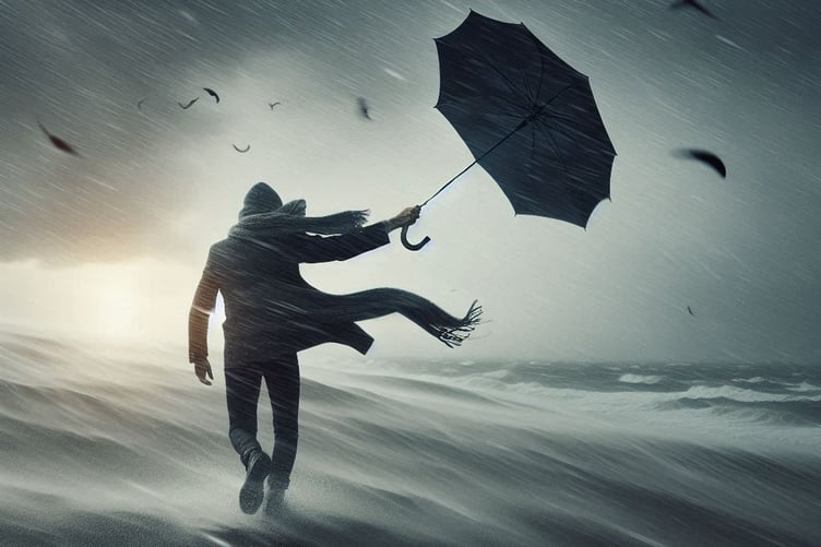 AI file image of person being blown away by wind and rain