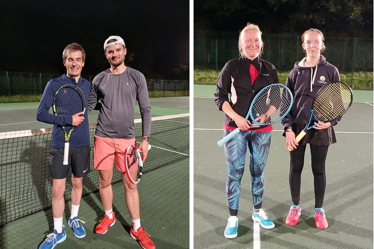 Left: The men's finalists, Henry Cornish (left) and Sam Tucker. Right: The ladies finalists, Lucy Colville and champion Charlotte Halls (right). Pictures: Launceston Tennis Club