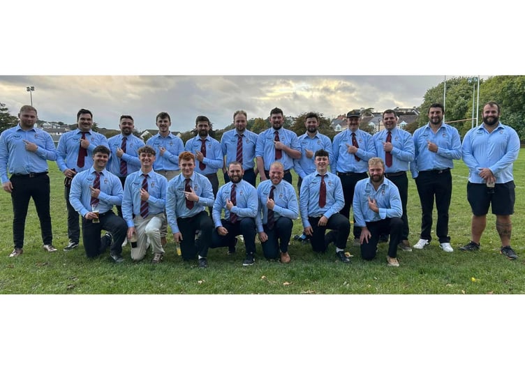Bude's players were all smiles after their 31-5 victory at Bideford back in October and were pictured in their new after match shirts sponsored by Crooklets Beach Cafe. 
Back row: Brad Thomas, Freddie Saxton, Rory Mead, Will Pharo, Ben Tharme, Will Hockridge (captain), Fraser Martyn, Charlie Watton, Joe Wilson (player/coach), Chris Allin, Olly Denford and Simon Jeffery (head coach).
Front row: Harvey Cholwill, Ollie Rowland, Matt Maniglia, Ben Hancock, Nick Waterson, Alfie Hurwood and Finley Fry. Picture: Bude RFC