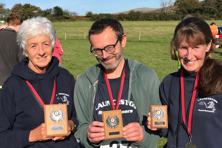 The three Launceston Road Runners to finish in the top three of their age groups. From left: Angela Brinicombe (F65 winner), David Thomson (second M60) and Jaine Hynes (third F55). Picture: Launceston Road Runners
