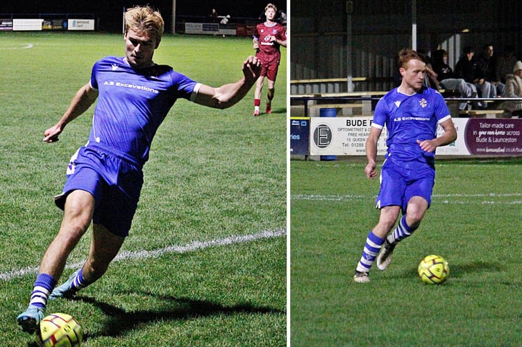 Centre-half James Wheeler (left) returned to the starting line-up, while Aled Thomas (right) is pictured in possession. Aled was later voted Bude's player of the month for October. Pictures: Chris Pointer