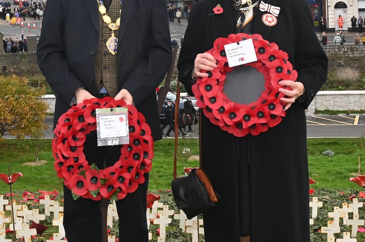 Bude Town Mayor Steven Haynes and Fiona Hargreaves along with their wreaths to be laid on behalf of  Bude and Stratton Town Council and Cornwall Lieutenancy.
