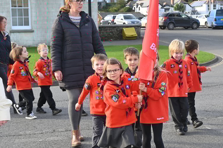Bude Beavers 1st Bude Scout Group on parade with their flag