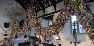 Last dried flower added to Christmas flower garland at Cotehele