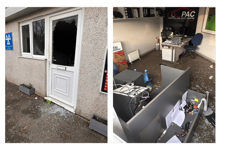 The damage to Pennygillam Auto Centre after the break-in (Picture: Pennygillam Auto Centre)
