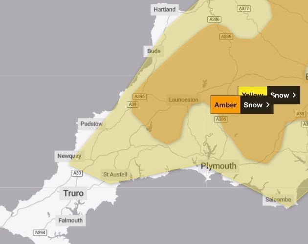The Met Office has escalated the yellow weather warning for Devon and Cornwall to amber for Wednesday January 8. (Picture: Met Office)