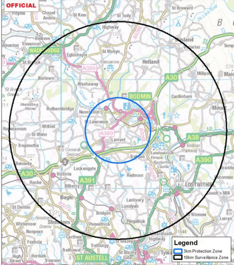 The exclusion zones implemented in a 10km zone around Bodmin
