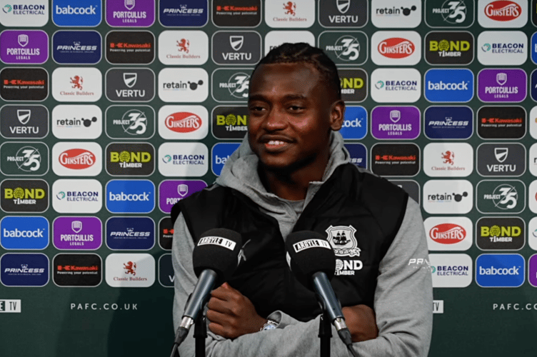 Plymouth Argyle striker Mustapha Bundu addresses the media following his side's 5-1 win over Millwall