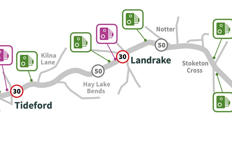 The speed limits and position of the new speed camera locations for the A38 between Carkeel and Trerulefoot 