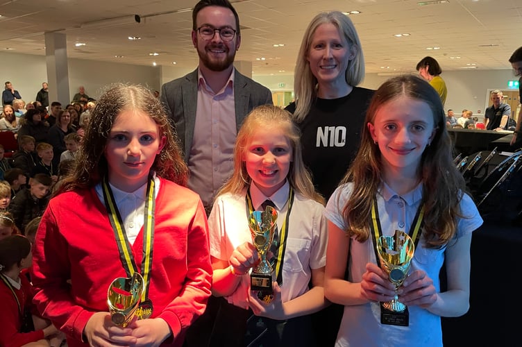 Year 5/6 Girls: Theia Jones (Bishop Cornish), India Davies (Dobwalls) and Emilia Kennedy (Pensilva) with their trophies