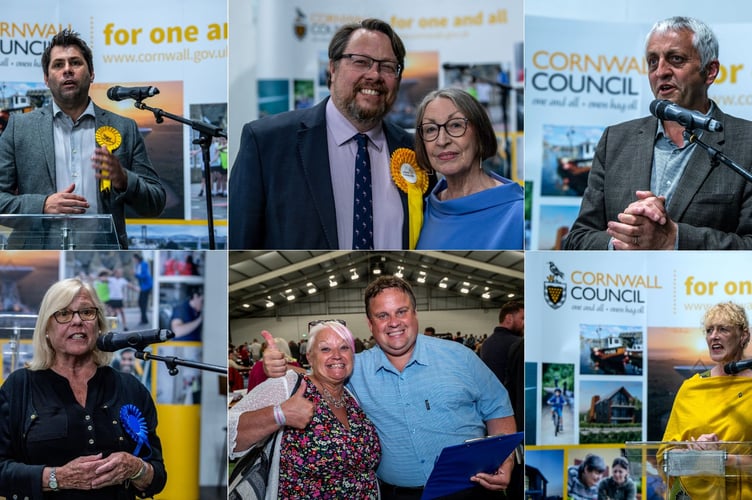Top row, left to right: Leigh Frost (Liberal Democrat) Bodmin St Petroc's; Dan Rogerson  (Liberal Democrat) with his mother Pat who vacated the Bodmin St Mary’s and St Leonard seat he won; Dick Cole (Mebyon Kernow) St Dennis & St Enoder. Bottom row, left to right: Jane Pascoe (Conservative) retained her Liskeard South & Dobwalls seat; Cornwall Council chair Pauline Giles (Conservative) with James Mustoe (Conservative) celebrate winning St Blazey and Mevagissey respectively; Hilary Frank (Liberal Democrat) Saltash Essa. (Pictures: Paul Williams)