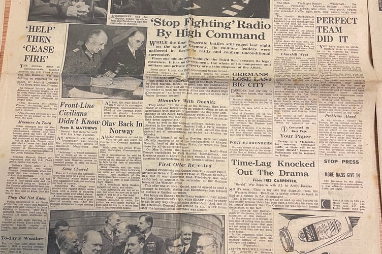 A cutting from the Daily Herald at the end of World War II, when Nazi Germany surrendered to the Allies upon the death of Adolf Hitler. (Picture: Aaron Greenaway/Tindle)
