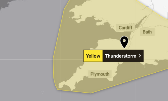 The Met Office's thunderstorm warnings cover Somerset from 7pm on Friday June 13 and end at 7pm on Saturday June 14.
