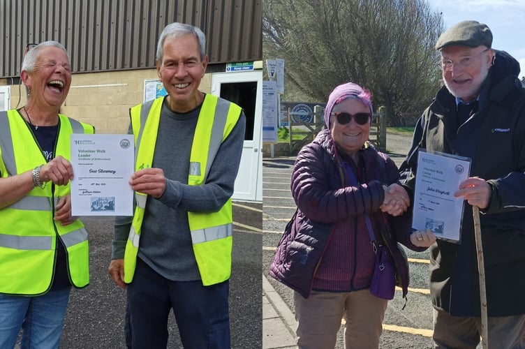 Recently qualified Walk Leaders receiving their certificates, a happy Sue being presented by Paul Davies the secretary and John being presented by Jacqui Shapland the chairperson