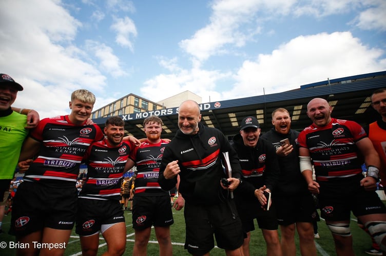 Cornish Pirates joint head coach Gavin Cattle celebrates with his side following their win at Coventry. Picture: Brian Tempest