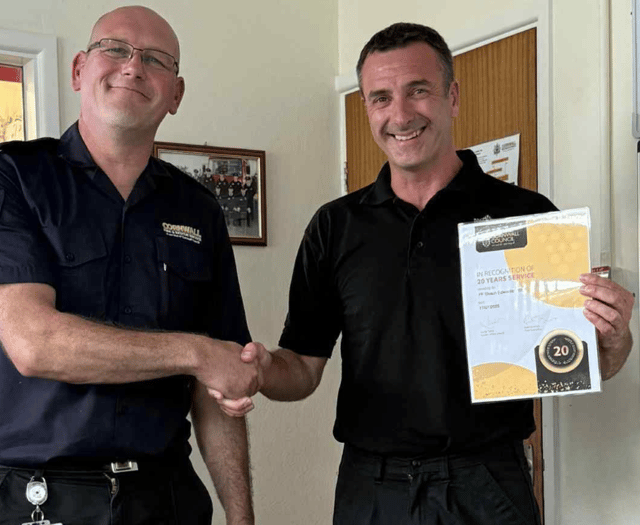 Celebrations for Cornwall firefighter after long service milestone