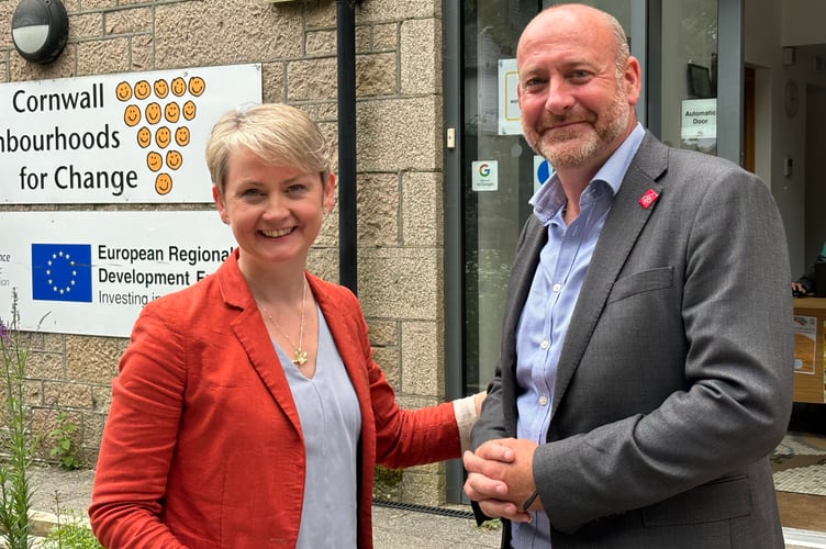 Yvette Cooper, Shadow Secretary of State for the Home Department, with Labour\'s candidate for the Camborne and Redruth seat Perran Moon pictured in Redruth