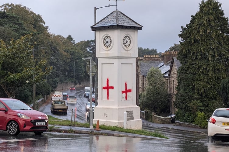 The graffiti on the St Lawrence's memorial clock in Bodmin (Picture: Aaron Greenaway/Tindle)