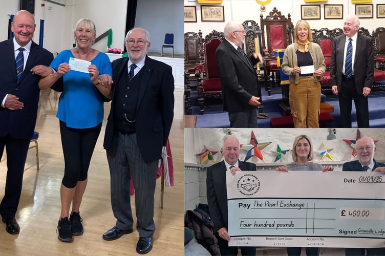 Cheques were presented to representatives of Exercising for Mobility, the Pearl Exchange and Talan’s Trust on behalf of Bude Freemasons from Granville Lodge