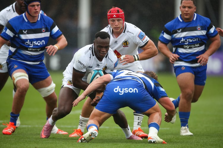 Exeter Chiefs winger Paul Brown-Bampoe looks to find a way through the Bath defence