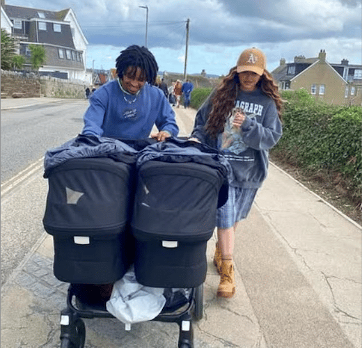Jesy and Zion walking along Headland Road with their twins Ocean Jade and Story Monroe (Picture: Jesy Nelson/Instagram)