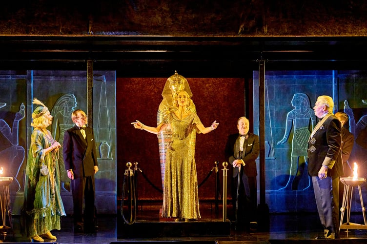 Glynis Barber (Salome Otterbourne), Howard Gossington (Atticus Praed), Libby Alexandra-Cooper (Linnet Ridgeway), Mark Hadfield (Hercule Poirot) and Terence Wilton (Septimus Troy) (Picture: Manuel Harlan)