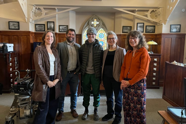 (L-R) Laura Giles, Managing Director of Screen Cornwall, Cllr Leigh Frost, Leader of Cornwall Council, trainee James McBride from Looe, Cllr Sarah Preece, Cornwall Council Portfolio holder for Tourism, Localism and Planning, Phillippa Giles, Chair of Screen Cornwall on the set of Beyond Paradise at St Mellion