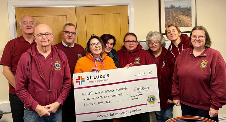 Members of Callington Lions handed over a cheque of £955.42 to Sarah Wallis from St Luke's Hospice