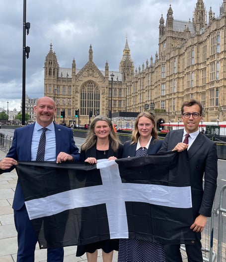 Cornwall's four Labour MPs outside Parliament (L-R: Perran Moon, Jayne Kirkham, Anna Gelderd, Noah Law) 