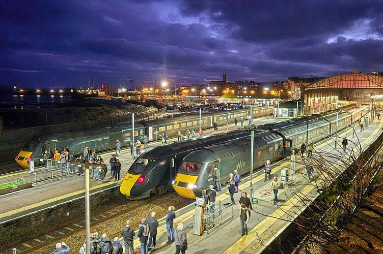 Two Castle Class trains line up alongside a Hitachi in Penzance