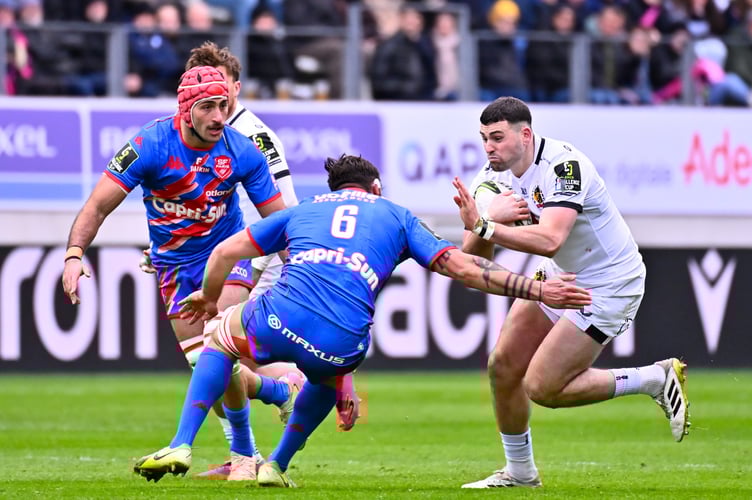 Exeter Chiefs centre Will Rigg tries to find a way through during the EPCR Challenge Cup match with Stade Francais