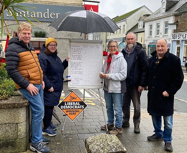 Liberal Democrat representatives Steve Miller, Naomi Taylor,  Sarah Preece, Adam Sturtridge and Jim Candy outside the Santander bank in Liskeard which is set to close later in the year