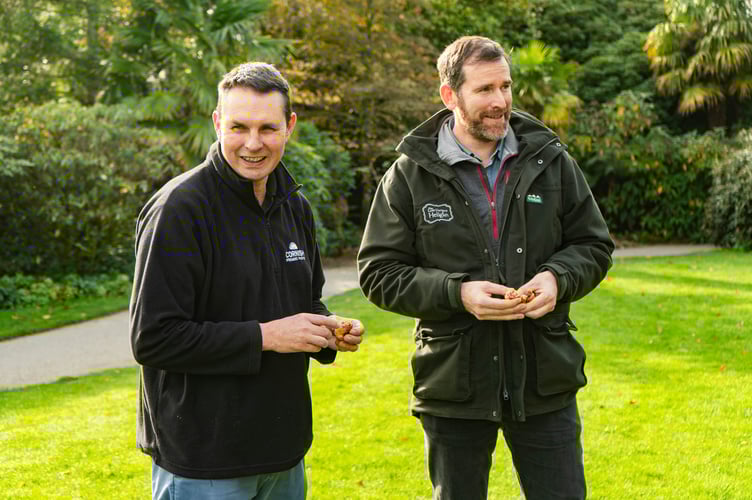 Picture captions: David Harland (wearing a green jacket), chief executive of The Lost Gardens of Heligan, and Jason Jobling (black fleece), CPA chairman, sample pasties.