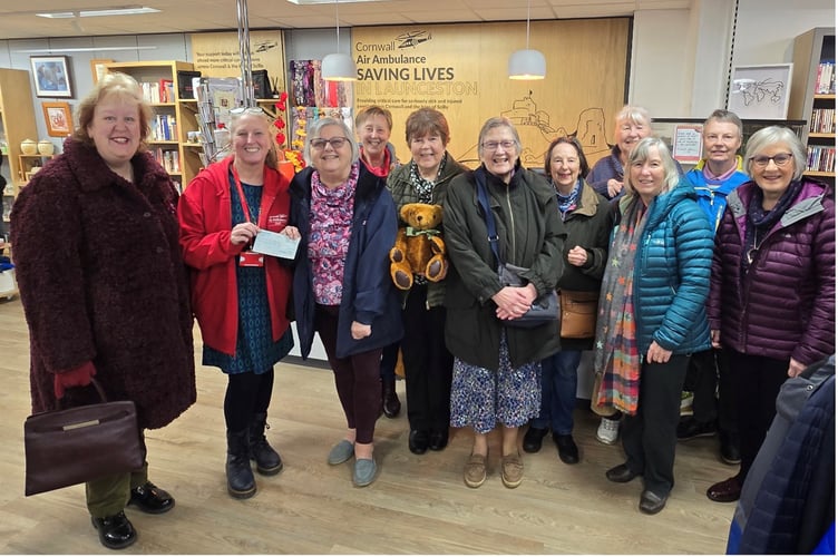 Lezant WI presented a cheque to the team in the Cornwall Air Ambulance charity shop in Launceston. Left to right: Naomi Finch, Lisa Shirmer, Jadzia Kent, Ann Johns, Gloria Aze, Cynthia Jewell, Diana Anderson, Jan Adkins, Irene Nash, Yvonne Taite, Linda Watkins