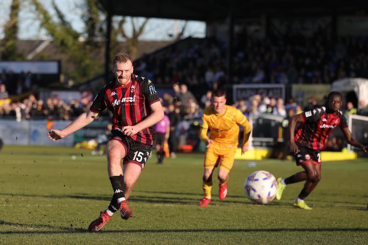 Goal scored by Luke Jephcott of Truro City during the National League Match between Sutton United and Truro City at VBS Community Stadium, London on 21 March 2026. (Photo: Josh Smith/PPAUK)