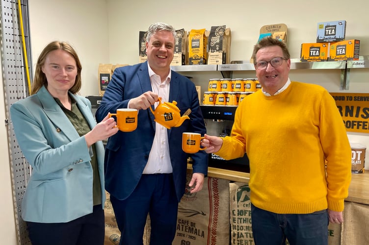 South East Cornwall MP, Anna Gelderd, alongside Minister Blair McDougall and Cornish Tea & Coffee Company managing director Duncan Bond (Picture: Cornish Times)