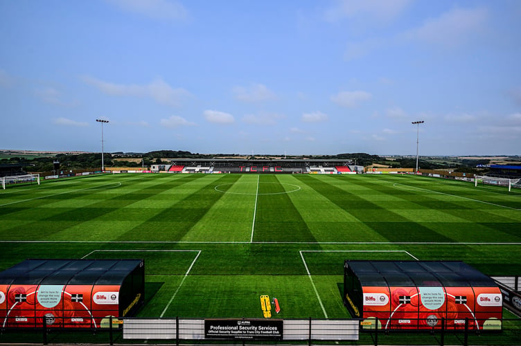 General view of the pitch ahead of the first National League home match between Truro City and York City at Truro City Stadium on 16 August 2025  Photo: Phil Mingo/PPAUK