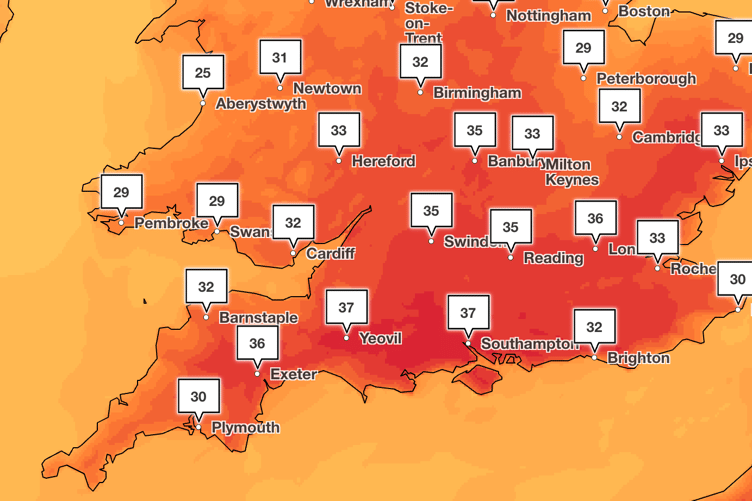 The updated map from the Met Office shows residents are set to feel the heat as temperatures exceed 30°C is many parts